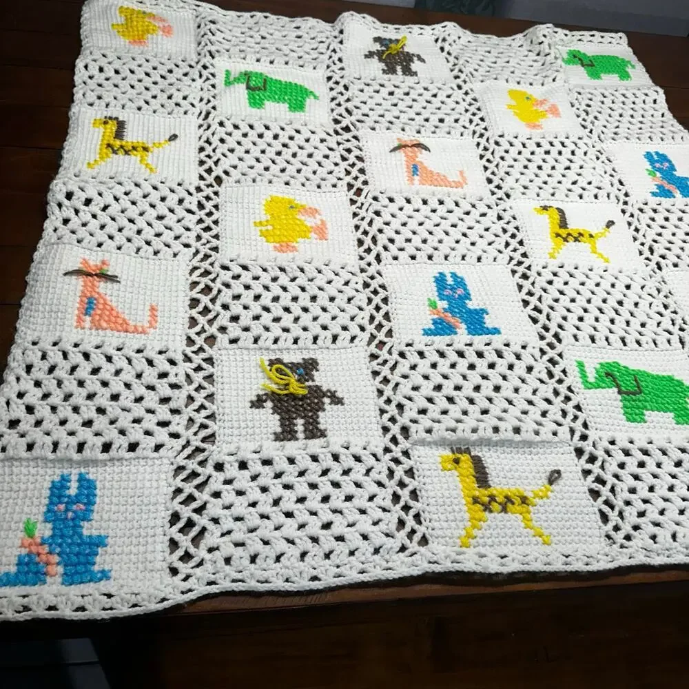 Vintage Hand Knit Quilt Crochet Afghan 36” x 36” Baby Blanket Animals Nursery